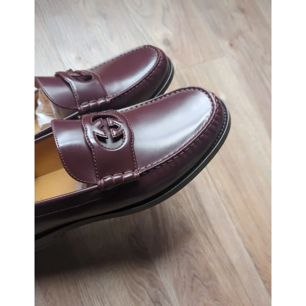 Gucci GG Interlocking Leather Loafers Bordeaux Mens 10